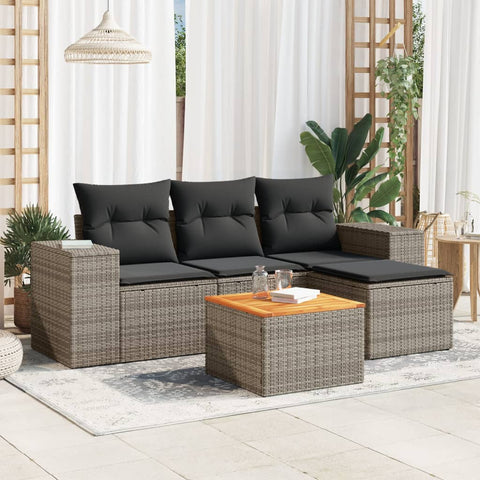 5-tlg. Garten-Sofagarnitur mit Kissen Grau Poly Rattan