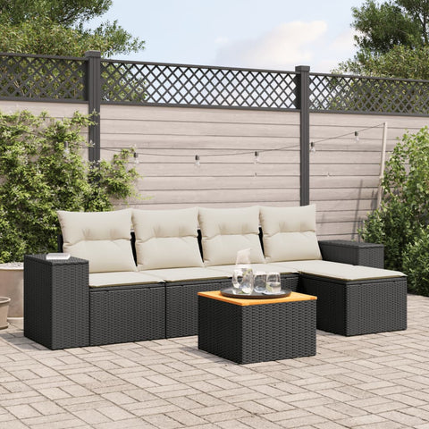 6-tlg. Garten-Sofagarnitur mit Kissen Schwarz Poly Rattan