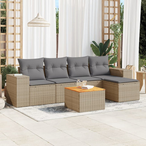 6-tlg. Garten-Sofagarnitur mit Kissen Beige Poly Rattan