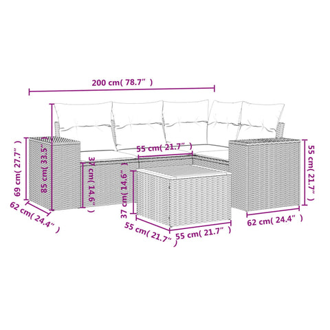 5-tlg. Garten-Sofagarnitur mit Kissen Schwarz Poly Rattan