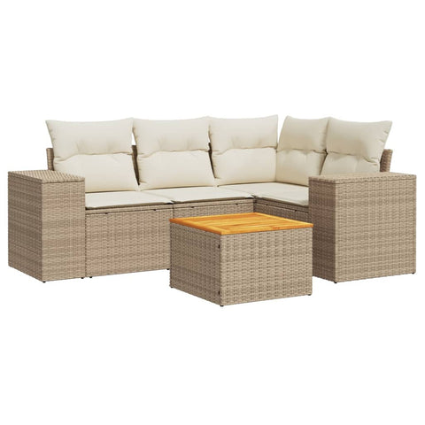 5-tlg. Garten-Sofagarnitur mit Kissen Beige Poly Rattan