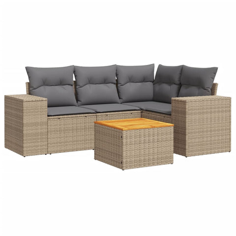 5-tlg. Garten-Sofagarnitur mit Kissen Beige Poly Rattan