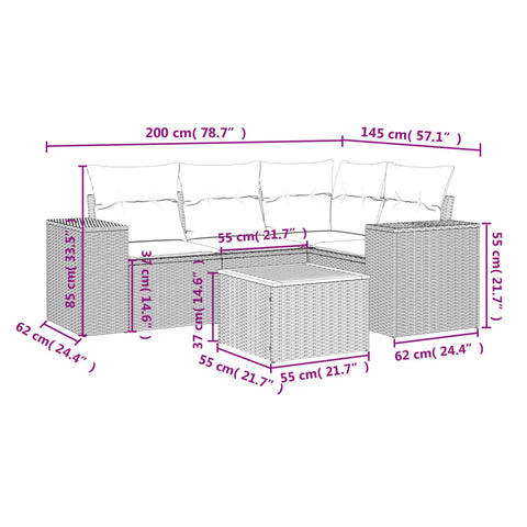 5-tlg. Garten-Sofagarnitur mit Kissen Grau Poly Rattan