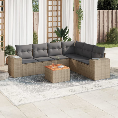 7-tlg. Garten-Sofagarnitur mit Kissen Beige Poly Rattan