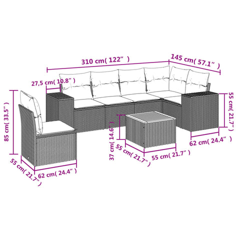 7-tlg. Garten-Sofagarnitur mit Kissen Grau Poly Rattan