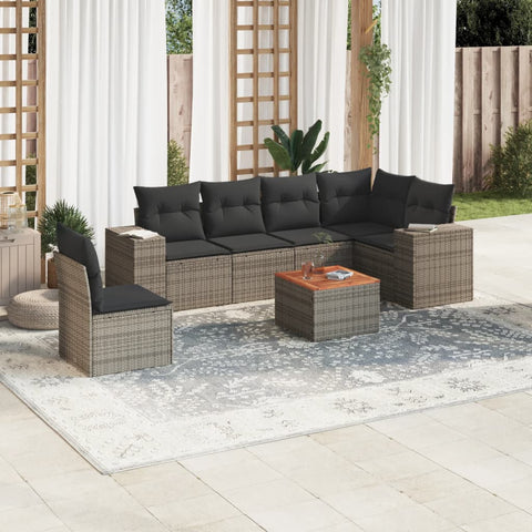 7-tlg. Garten-Sofagarnitur mit Kissen Grau Poly Rattan