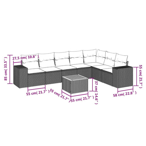 8-tlg. Garten-Sofagarnitur mit Kissen Grau Poly Rattan