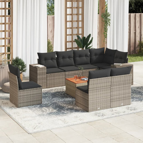 9-tlg. Garten-Sofagarnitur mit Kissen Grau Poly Rattan