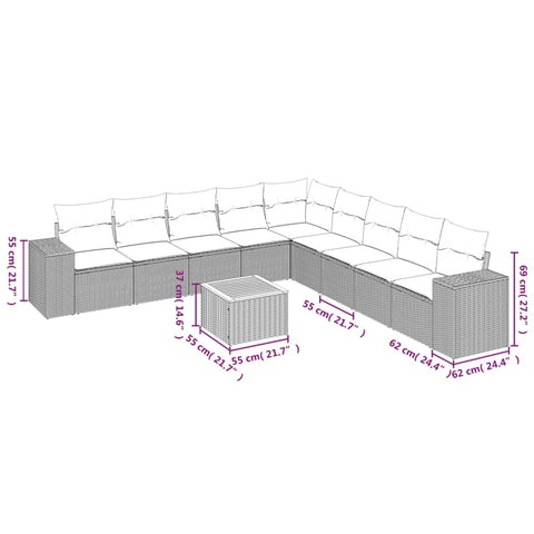 10-tlg. Garten-Sofagarnitur mit Kissen Schwarz Poly Rattan