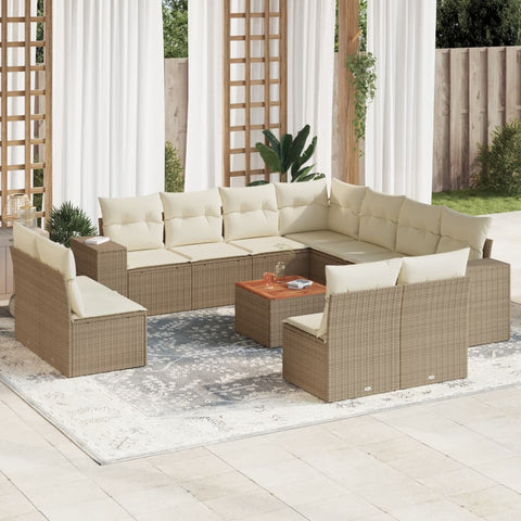 12-tlg. Garten-Sofagarnitur mit Kissen Beige Poly Rattan