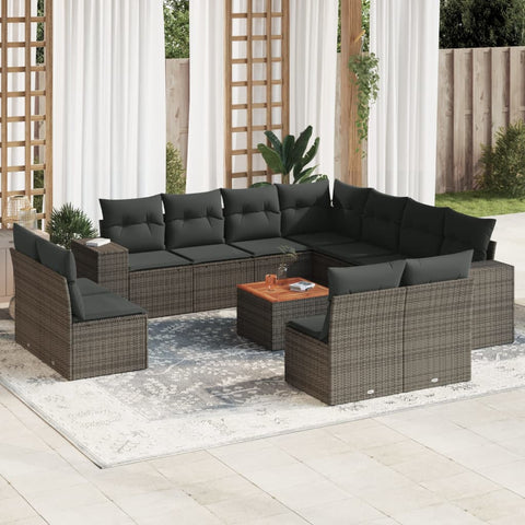 12-tlg. Garten-Sofagarnitur mit Kissen Grau Poly Rattan