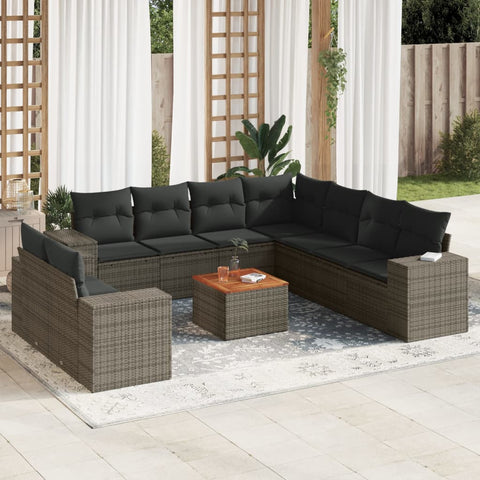 10-tlg. Garten-Sofagarnitur mit Kissen Grau Poly Rattan