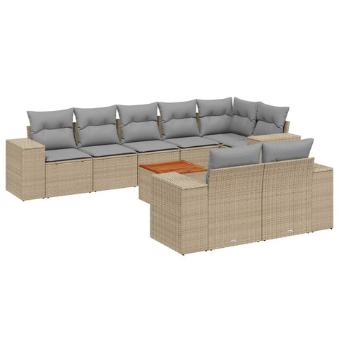 9-tlg. Garten-Sofagarnitur mit Kissen Beige Poly Rattan