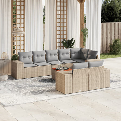 9-tlg. Garten-Sofagarnitur mit Kissen Beige Poly Rattan