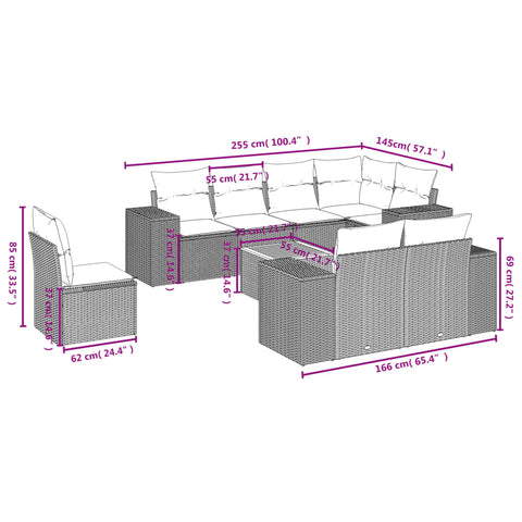 9-tlg. Garten-Sofagarnitur mit Kissen Schwarz Poly Rattan