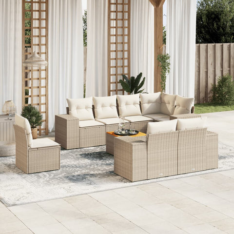 9-tlg. Garten-Sofagarnitur mit Kissen Beige Poly Rattan