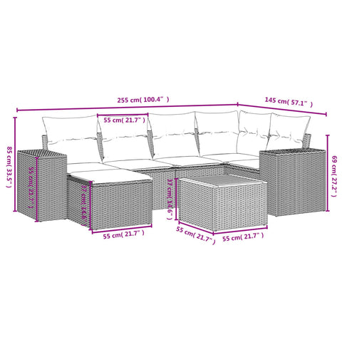 7-tlg. Garten-Sofagarnitur mit Kissen Grau Poly Rattan