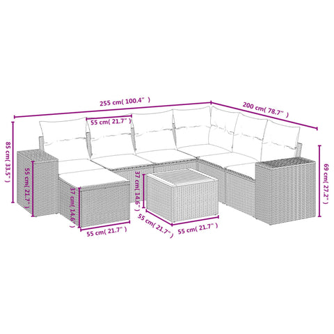 8-tlg. Garten-Sofagarnitur mit Kissen Schwarz Poly Rattan