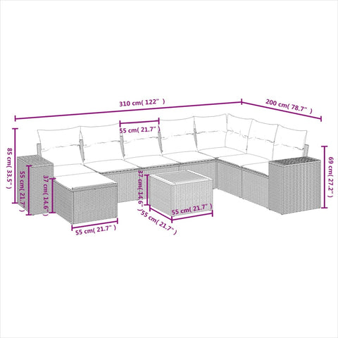 9-tlg. Garten-Sofagarnitur mit Kissen Beige Poly Rattan