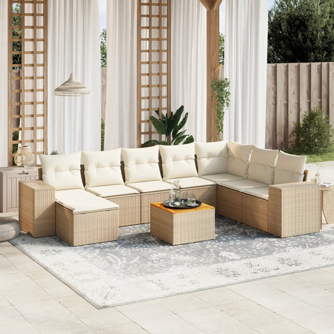 9-tlg. Garten-Sofagarnitur mit Kissen Beige Poly Rattan