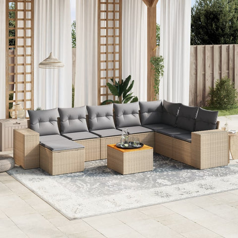 9-tlg. Garten-Sofagarnitur mit Kissen Beige Poly Rattan