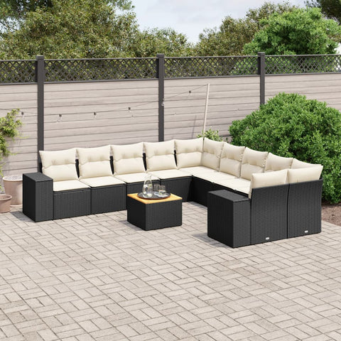 11-tlg. Garten-Sofagarnitur mit Kissen Schwarz Poly Rattan