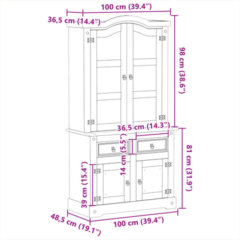 Vitrine Corona 100x48,5x179 cm Massivholz Kiefer