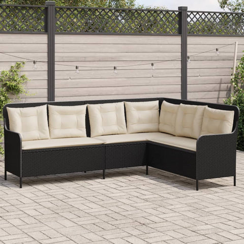 Gartensofa in L-Form mit Kissen Schwarz Poly Rattan