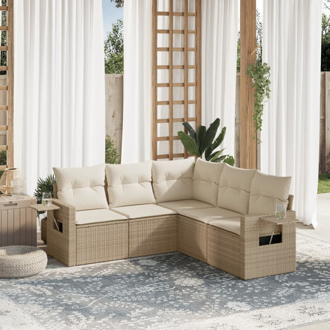 5-tlg. Garten-Sofagarnitur mit Kissen Beige Poly Rattan