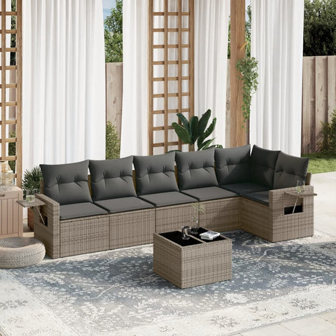 7-tlg. Garten-Sofagarnitur mit Kissen Grau Poly Rattan