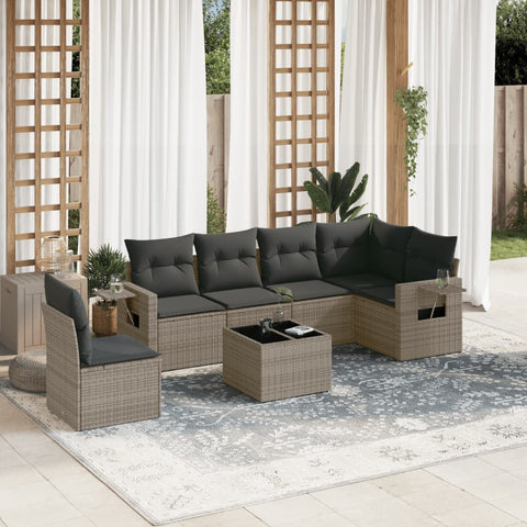 7-tlg. Garten-Sofagarnitur mit Kissen Grau Poly Rattan