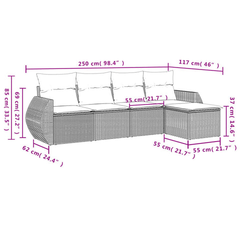 5-tlg. Garten-Sofagarnitur mit Kissen Braun Poly Rattan