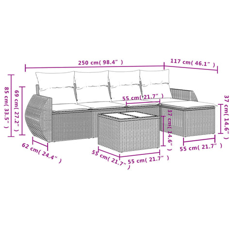 6-tlg. Garten-Sofagarnitur mit Kissen Grau Poly Rattan