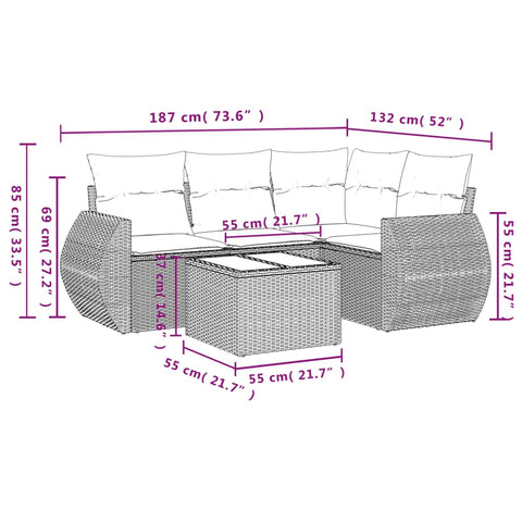 5-tlg. Garten-Sofagarnitur mit Kissen Braun Poly Rattan