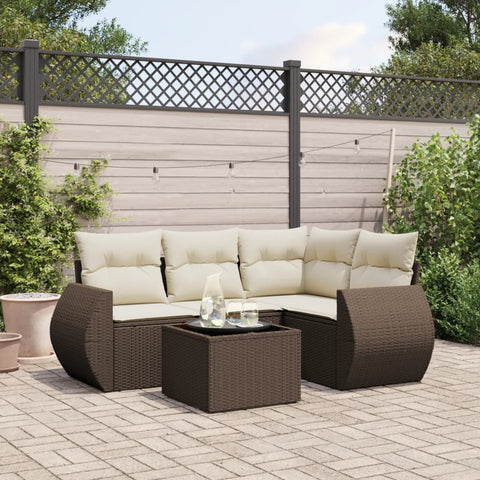 5-tlg. Garten-Sofagarnitur mit Kissen Braun Poly Rattan