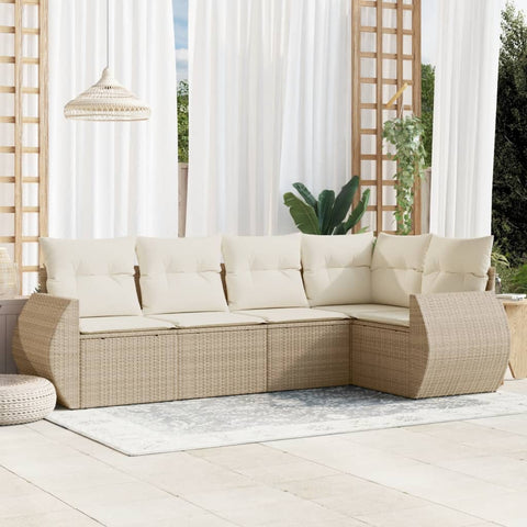 5-tlg. Garten-Sofagarnitur mit Kissen Beige Poly Rattan