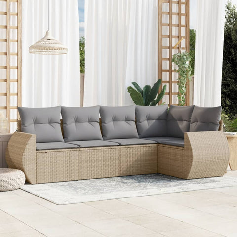 5-tlg. Garten-Sofagarnitur mit Kissen Beige Poly Rattan