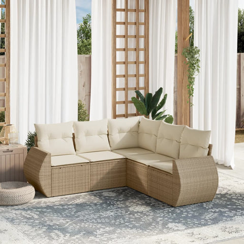 5-tlg. Garten-Sofagarnitur mit Kissen Beige Poly Rattan