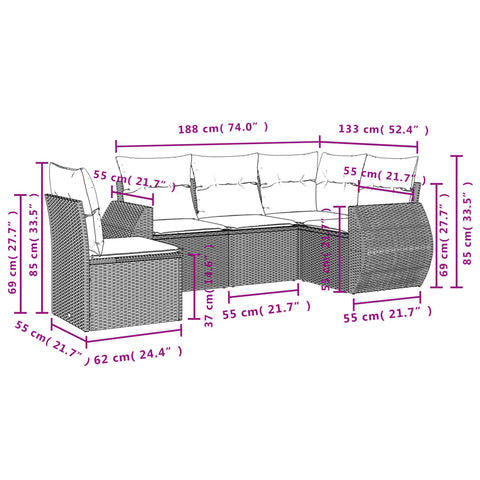 5-tlg. Garten-Sofagarnitur mit Kissen Braun Poly Rattan