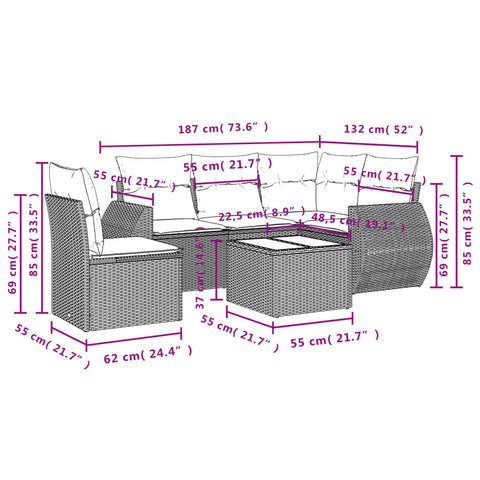 6-tlg. Garten-Sofagarnitur mit Kissen Grau Poly Rattan