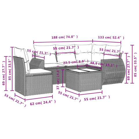 6-tlg. Garten-Sofagarnitur mit Kissen Braun Poly Rattan