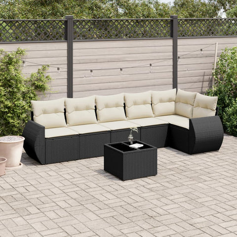 7-tlg. Garten-Sofagarnitur mit Kissen Schwarz Poly Rattan