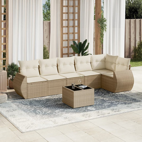 7-tlg. Garten-Sofagarnitur mit Kissen Beige Poly Rattan