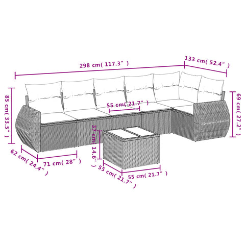 7-tlg. Garten-Sofagarnitur mit Kissen Braun Poly Rattan