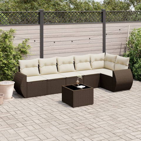 7-tlg. Garten-Sofagarnitur mit Kissen Braun Poly Rattan