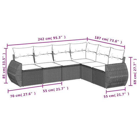 6-tlg. Garten-Sofagarnitur mit Kissen Grau Poly Rattan