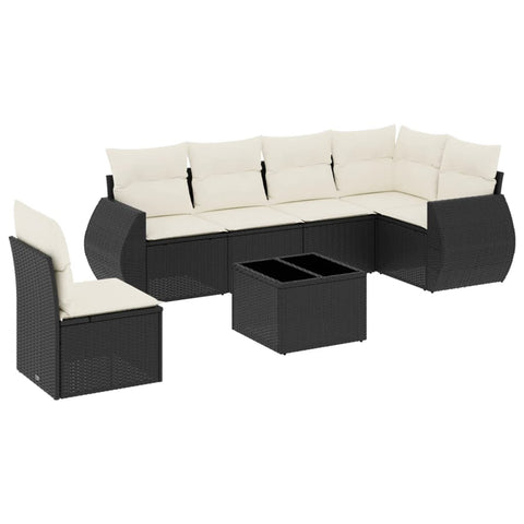 7-tlg. Garten-Sofagarnitur mit Kissen Schwarz Poly Rattan