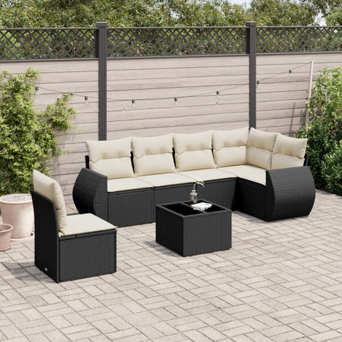 7-tlg. Garten-Sofagarnitur mit Kissen Schwarz Poly Rattan