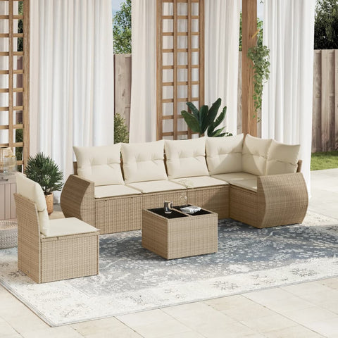 7-tlg. Garten-Sofagarnitur mit Kissen Beige Poly Rattan