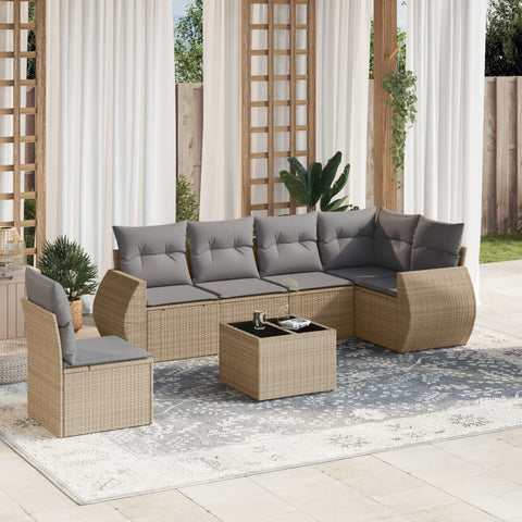 7-tlg. Garten-Sofagarnitur mit Kissen Beige Poly Rattan